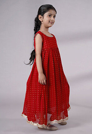 Embroidered Georgette Maxi Dress in Red