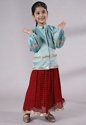 Embroidered Georgette Maxi Dress with Jacket in Maroon