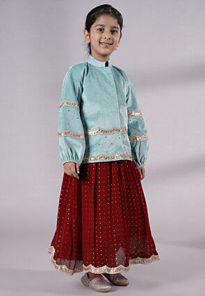 Embroidered Georgette Maxi Dress with Jacket in Maroon