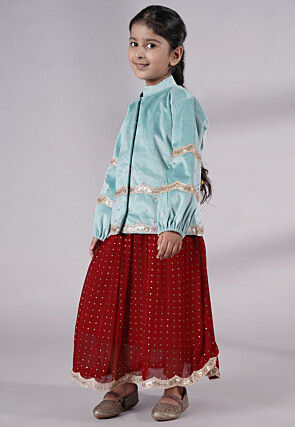 Embroidered Georgette Maxi Dress with Jacket in Maroon