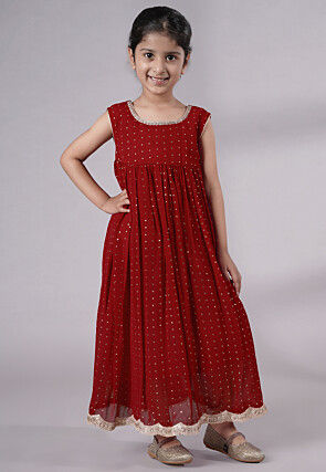 Embroidered Georgette Maxi Dress with Jacket in Maroon