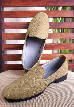 Embroidered Georgette Men Mojari in Dark Beige