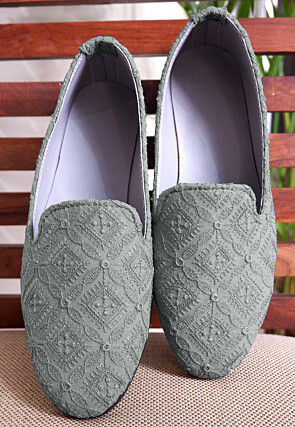 Embroidered Georgette Men Mojari in Grey