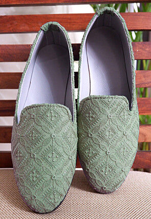 Embroidered Georgette Men Mojari in Dusty Green