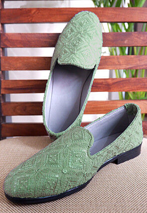Embroidered Georgette Men Mojari in Dusty Green