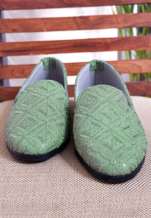 Embroidered Georgette Men Mojari in Dusty Green