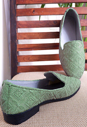 Embroidered Georgette Men Mojari in Dusty Green