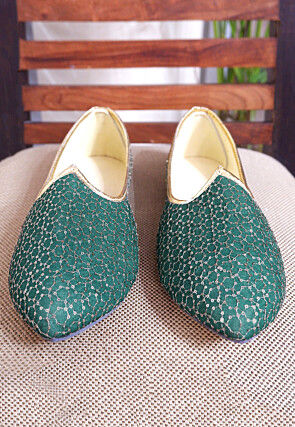 Embroidered Georgette Men Mojari in Teal Green