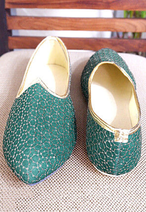 Embroidered Georgette Men Mojari in Teal Green