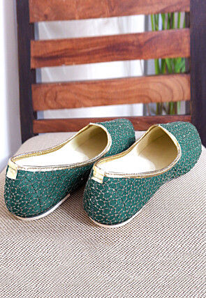 Embroidered Georgette Men Mojari in Teal Green