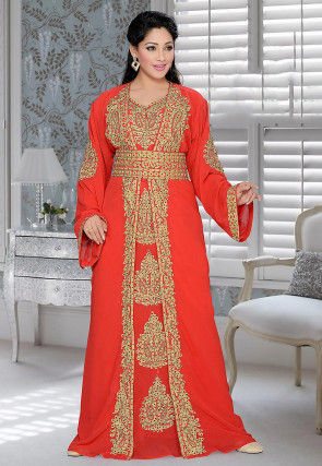 Hand Embroidered Georgette Abaya in Red : QFD249