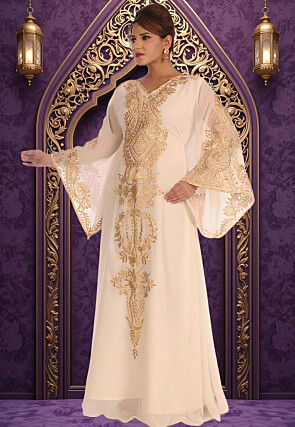 Embroidered Georgette Moroccan Abaya in Off White