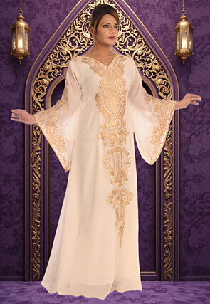 Embroidered Georgette Moroccan Abaya in Off White