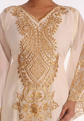 Embroidered Georgette Moroccan Abaya in Off White
