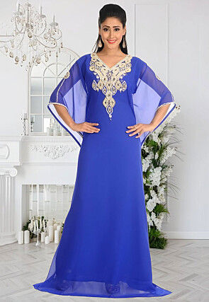 Embroidered Georgette Moroccan Abaya in Royal Blue