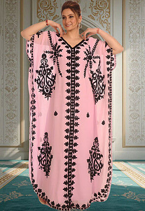 Embroidered Georgette Moroccan Kaftan in Baby Pink