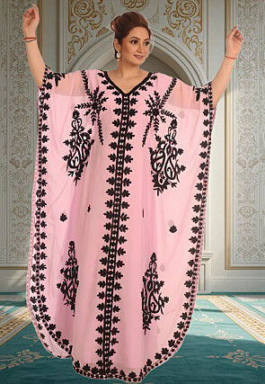 Embroidered Georgette Moroccan Kaftan in Baby Pink