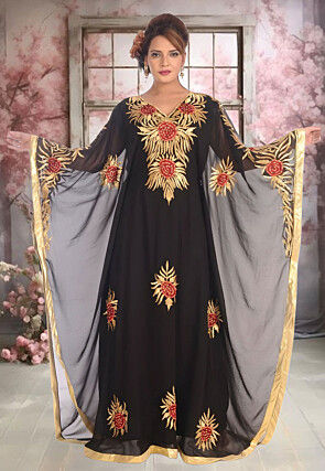 Embroidered Georgette Moroccan Kaftan in Black