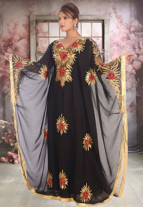 Embroidered Georgette Moroccan Kaftan in Black