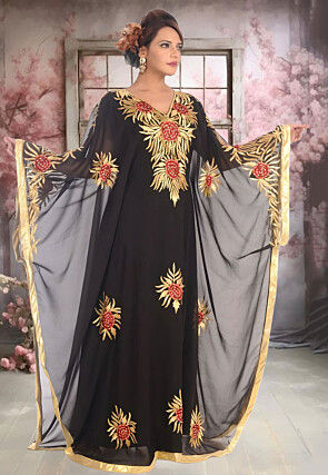 Embroidered Georgette Moroccan Kaftan in Black