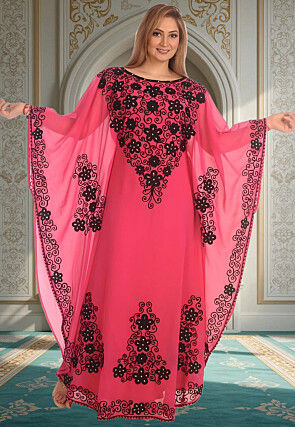 Embroidered Georgette Moroccan Kaftan in Dark Pink