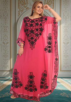 Embroidered Georgette Moroccan Kaftan in Dark Pink