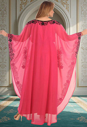 Embroidered Georgette Moroccan Kaftan in Dark Pink