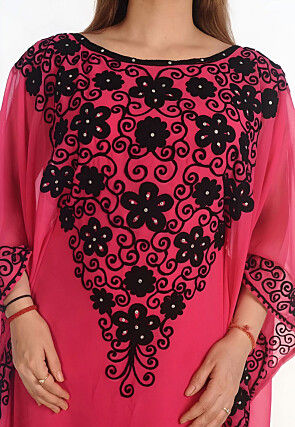 Embroidered Georgette Moroccan Kaftan in Dark Pink