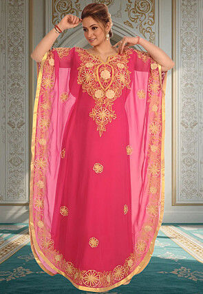 Embroidered Georgette Moroccan Kaftan in Fuchsia