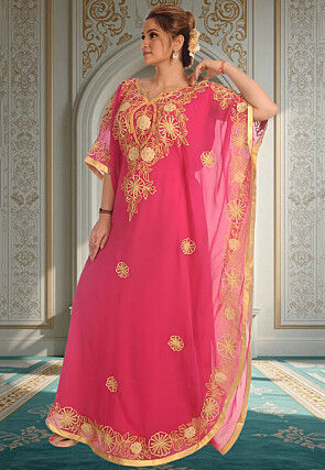 Embroidered Georgette Moroccan Kaftan in Fuchsia