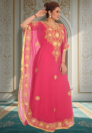 Embroidered Georgette Moroccan Kaftan in Fuchsia