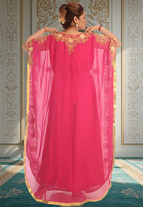 Embroidered Georgette Moroccan Kaftan in Fuchsia