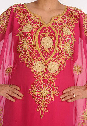 Embroidered Georgette Moroccan Kaftan in Fuchsia