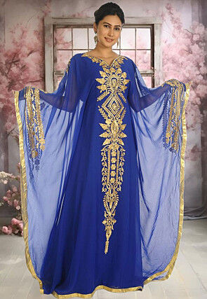 Embroidered Georgette Moroccan Kaftan in Royal Blue