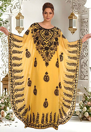 Embroidered Georgette Moroccan Kaftan in Yellow