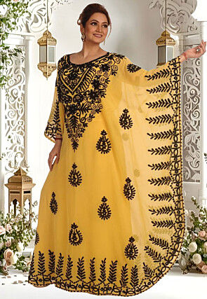 Embroidered Georgette Moroccan Kaftan in Yellow