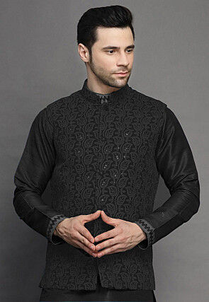 Embroidered Georgette Nehru Jacket in Black