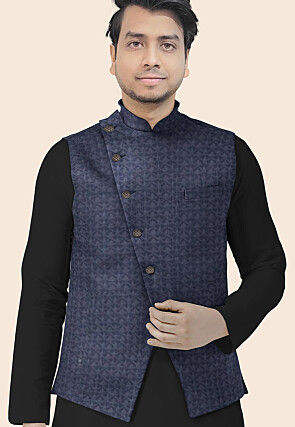 Embroidered Georgette Nehru Jacket in Dark Grey