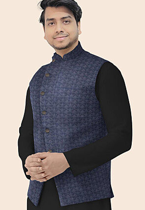 Embroidered Georgette Nehru Jacket in Dark Grey