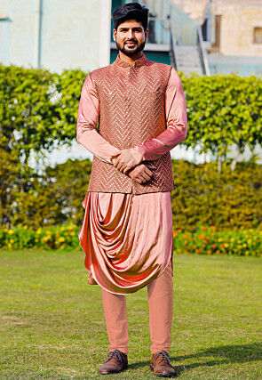Embroidered Georgette Nehru Jacket in Dark Peach