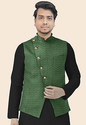 Embroidered Georgette Nehru Jacket in Green