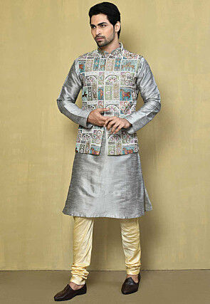 Embroidered Georgette Nehru Jacket in Grey and Multicolor