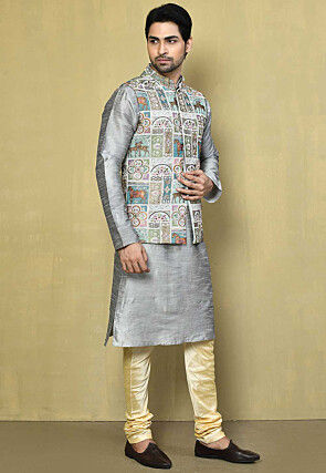 Embroidered Georgette Nehru Jacket in Grey and Multicolor