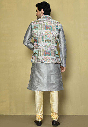 Embroidered Georgette Nehru Jacket in Grey and Multicolor