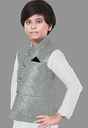 Embroidered Georgette Nehru Jacket in Grey
