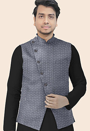 Embroidered Georgette Nehru Jacket in Grey