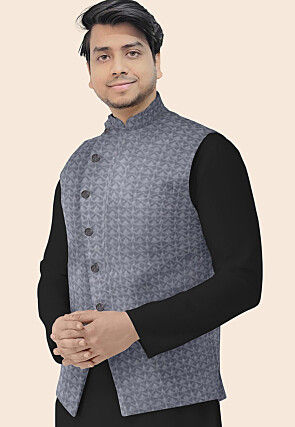 Embroidered Georgette Nehru Jacket in Grey