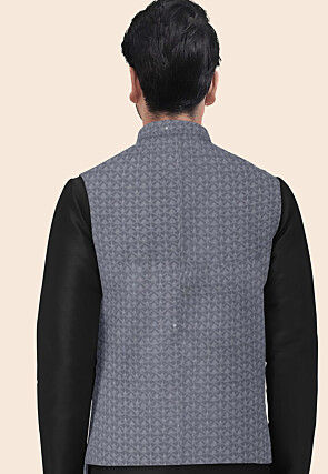 Embroidered Georgette Nehru Jacket in Grey