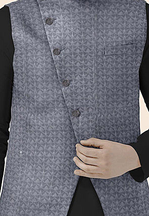 Embroidered Georgette Nehru Jacket in Grey