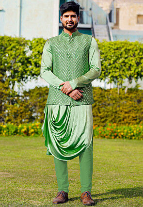 Embroidered Georgette Nehru Jacket in Light Green